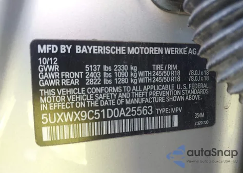 2013 BMW X3 xDrive28I z USA, uszkodzony, nr VIN 5UXWX9C51D0A25563